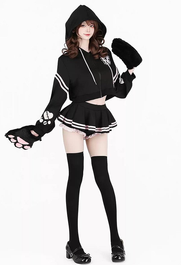 Sexy Agent Bunny Outfit Set Süßes bedrucktes Kapuzen Kawaii Crop Top Mini Skort Set