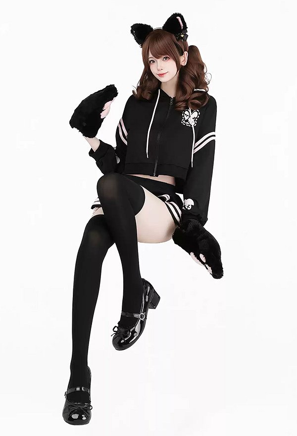 Sexy Agent Bunny Outfit Set Süßes bedrucktes Kapuzen Kawaii Crop Top Mini Skort Set