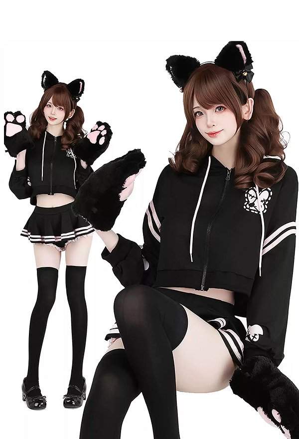Sexy Agent Bunny Outfit Set Süßes bedrucktes Kapuzen Kawaii Crop Top Mini Skort Set