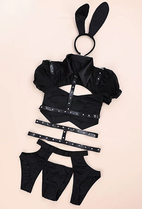 Sexy Bunny Police Officer Outfit Hollow-out Short Top and Skirt with Panty and Headband