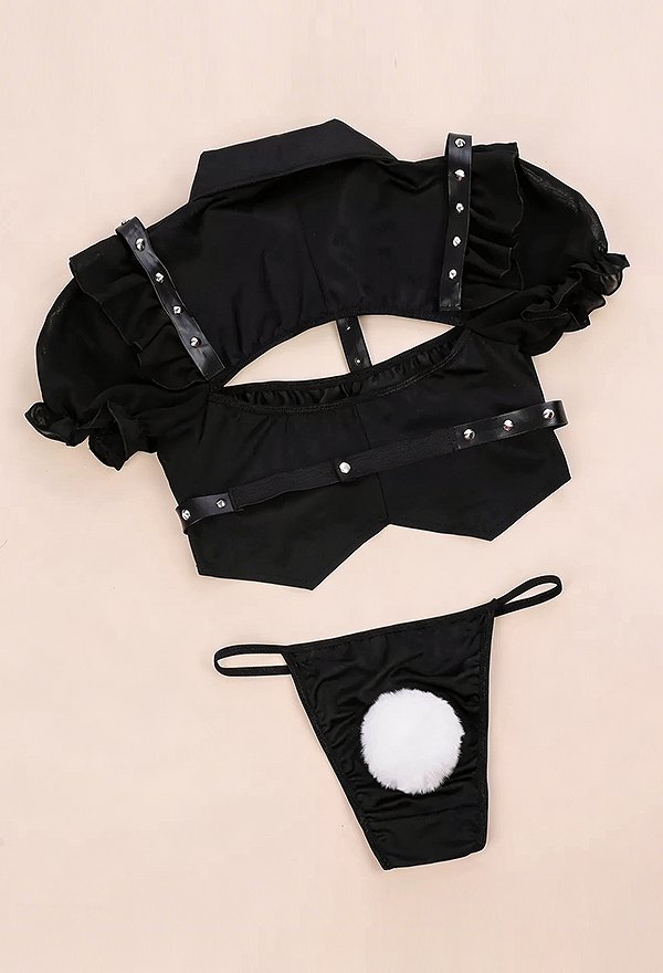Sexy Bunny Police Officer Outfit Hollow-out Short Top and Skirt with Panty and Headband