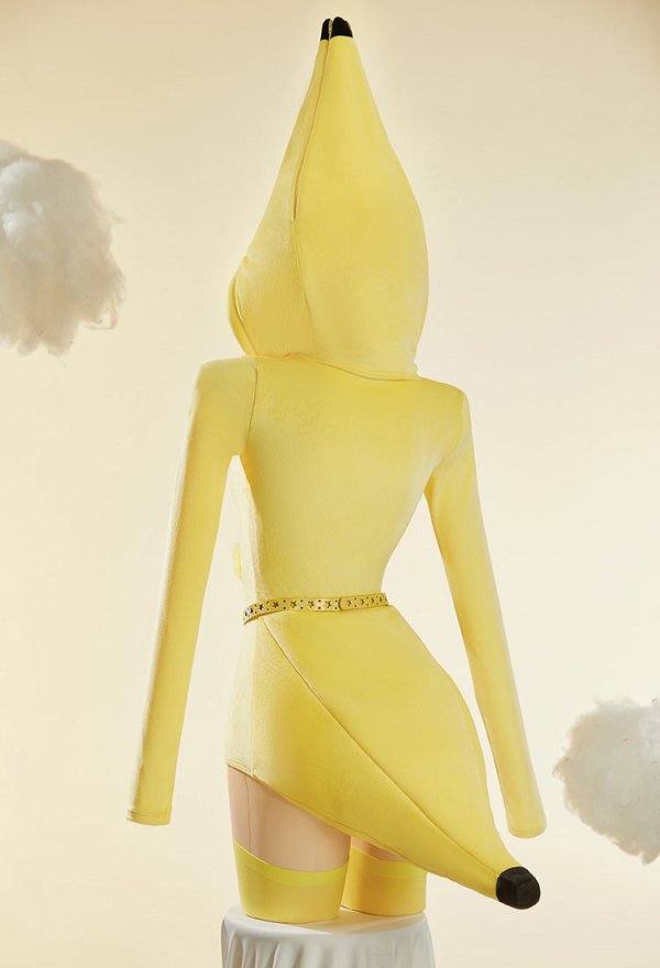 Mono Divertido y Sexy de Banana Pelada de Felpa para Estar en Casa con Cinturón y Calcetines Altos hasta la Rodilla Mono Divertido y Sexy de Banana Pelada de Felpa para Estar en Casa con Cinturón y Calcetines Altos hasta la Rodilla
