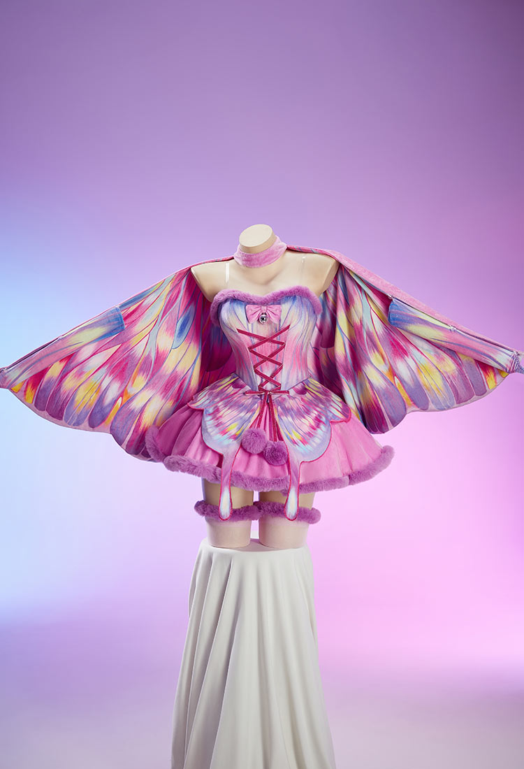 Conjunto de Felpa de Mariposa Roja y Púrpura Sexy de Navidad e Invierno con Vestido sin Hombros con Capa y Guantes