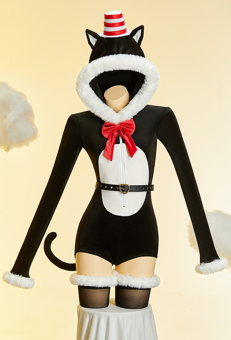 Disfraz de Cosplay Sexy Derivado de The Cat in the Hat de Felpa para Ropa de Casa Mono con Capucha con Sombrero y Cola