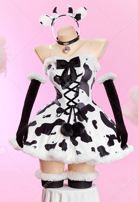 Sexy Winter Cow-print Plush Outfit Strapless Dress with Gloves and Headband