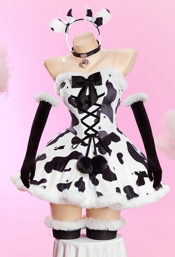 Sexy Winter Cow-print Plush Outfit Strapless Dress with Gloves and Headband