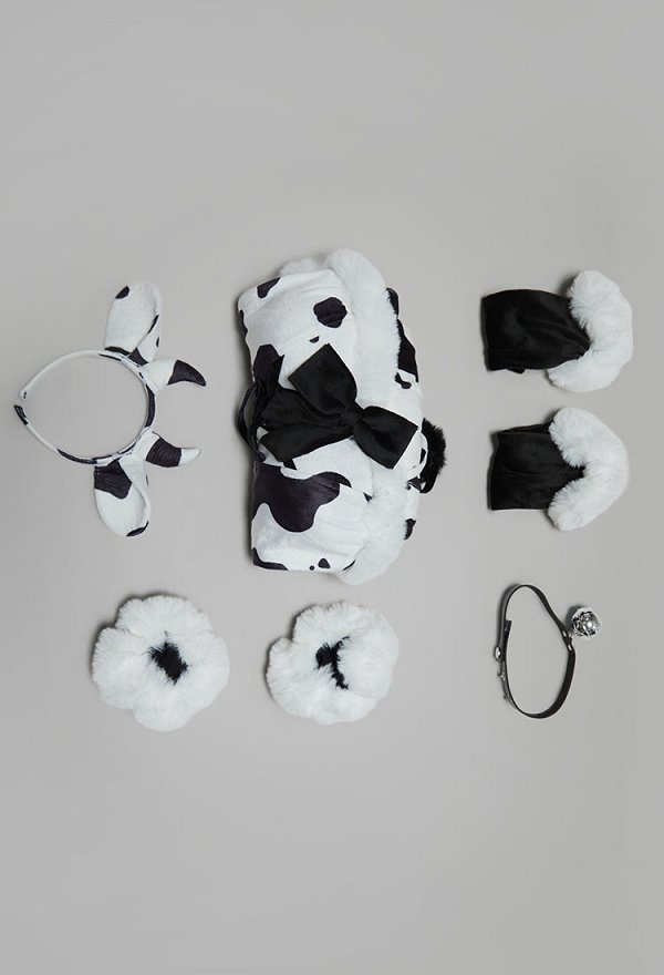 Sexy Winter Cow-print Plush Outfit Strapless Dress with Gloves and Headband