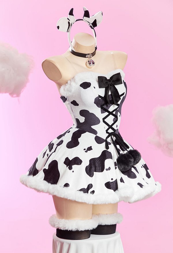 Sexy Winter Cow-print Plush Outfit Strapless Dress with Gloves and Headband