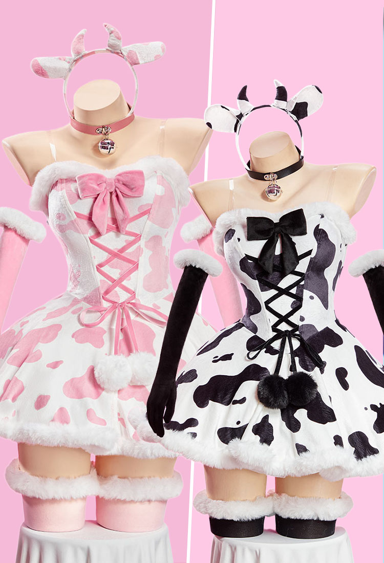 Sexy Winter Cow-print Plush Outfit Strapless Dress with Gloves and Headband
