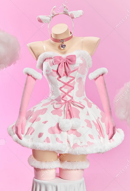 Sexy Winter Plüsch Outfit mit Kuh Print Bustierkleid mit Handschuhen und Haarreif