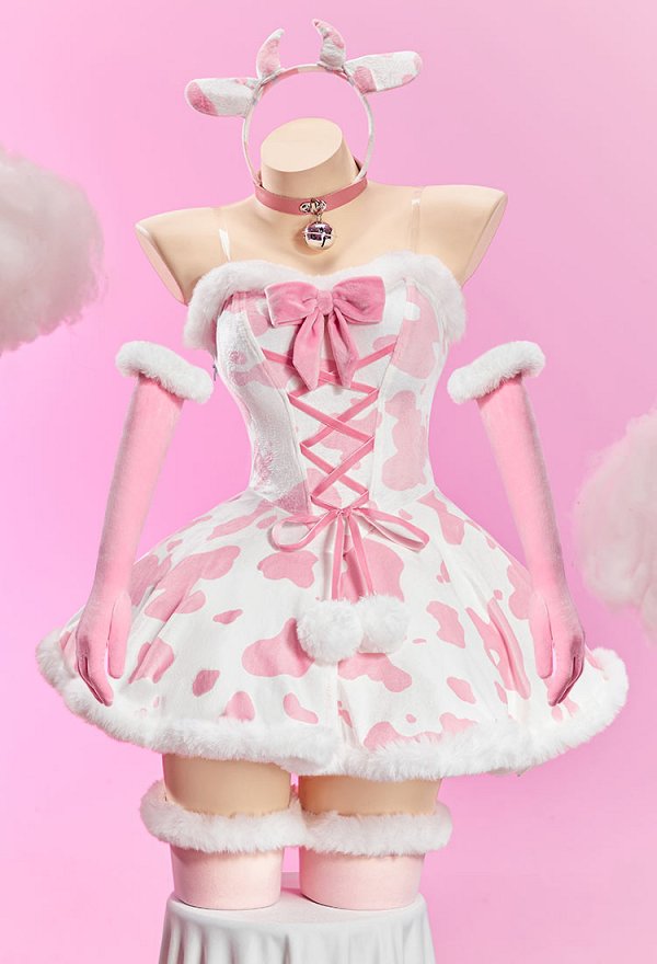 Sexy Winter Plüsch Outfit mit Kuh Print Bustierkleid mit Handschuhen und Haarreif