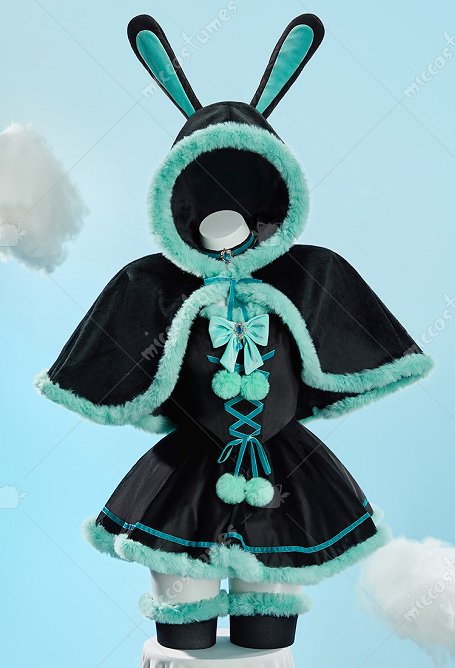 Conjunto de Felpa de Conejita Sexy de Navidad con Vestido sin Hombros con Capa y Medias hasta el Muslo