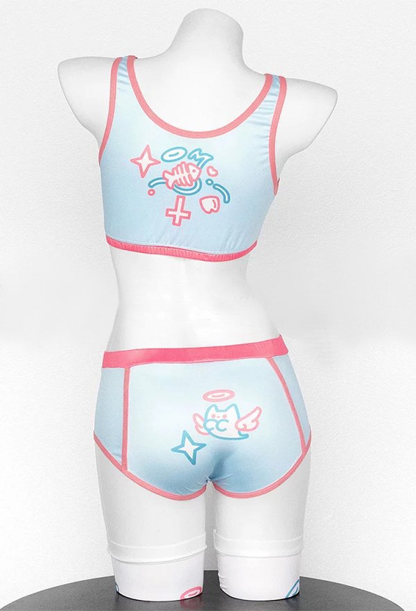 Sexy Sporty Outfit Cute Angel Cat and Fishbone Print Crop Tank Top and Shorts with Stockings