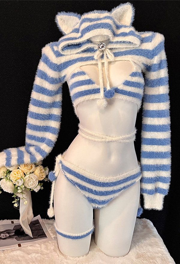 Sexy Bikini de Rayas Peluche con Capucha Cortada y Anillo de Piernas