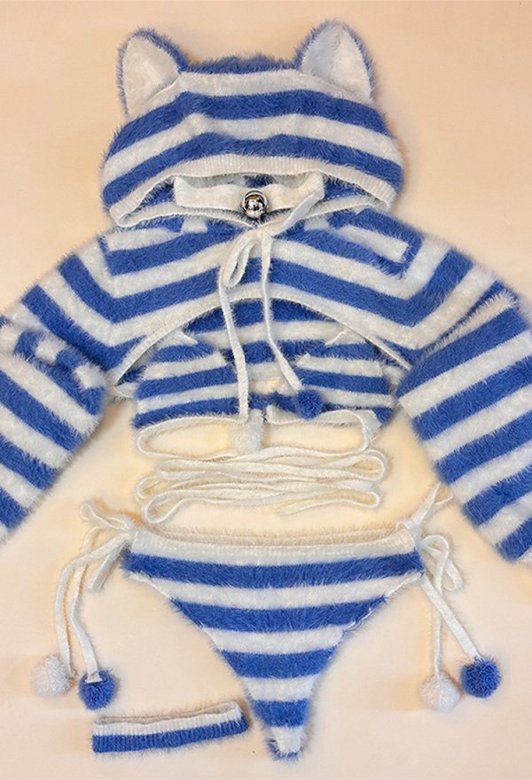 Sexy Bikini de Rayas Peluche con Capucha Cortada y Anillo de Piernas