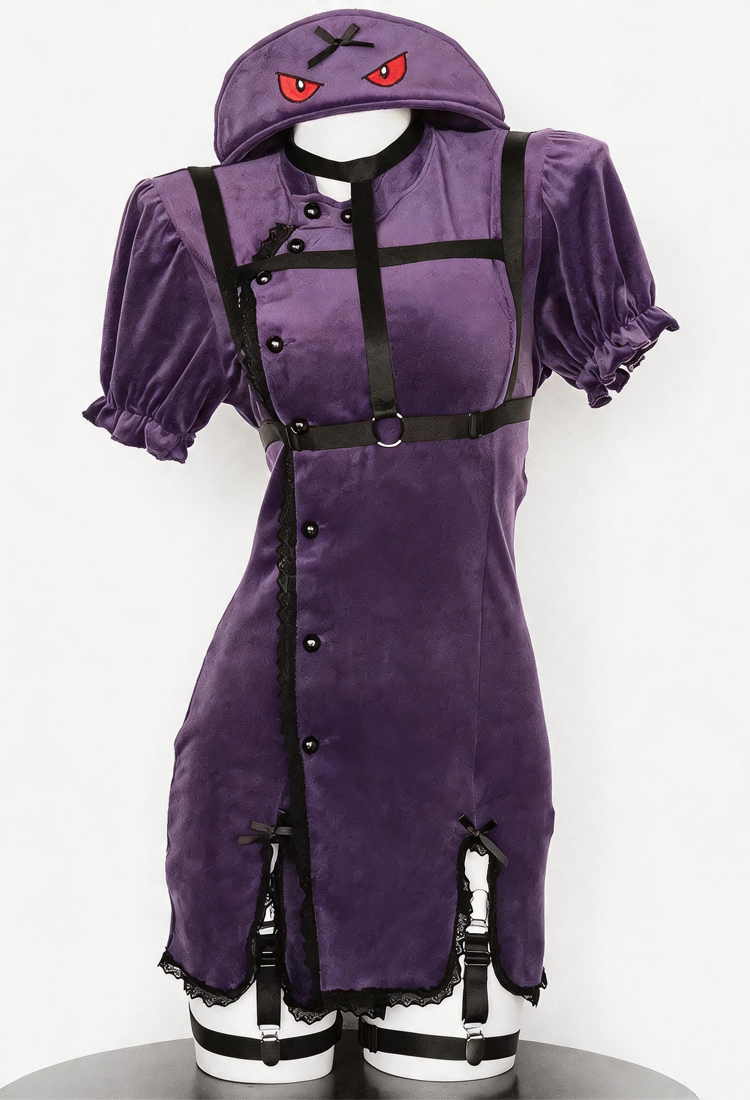 Costume de Fantôme Diabolique Violet Sexy pour Halloween en Peluche Robe Fendue avec Chapeau et Harnais de Corps