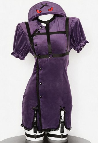 Sexy púrpura diablo fantasma traje conjunto vestido de hendidura de peluche con sombrero y arnés corporal