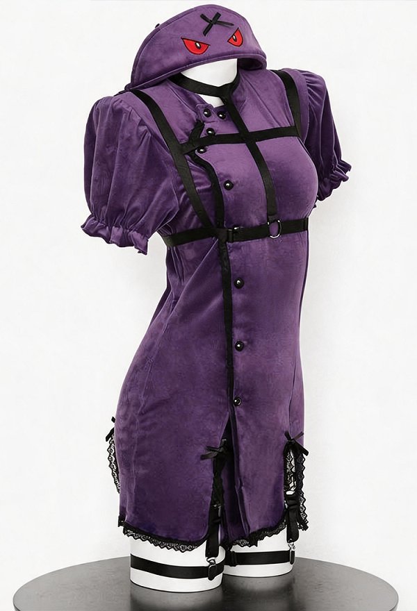 Halloween Sexy Purple Devil Ghost Outfit Set Plush Slit Dress with Hat and Body Harness