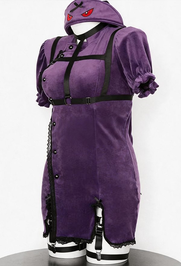 Halloween Sexy Purple Devil Ghost Outfit Set Plush Slit Dress with Hat and Body Harness