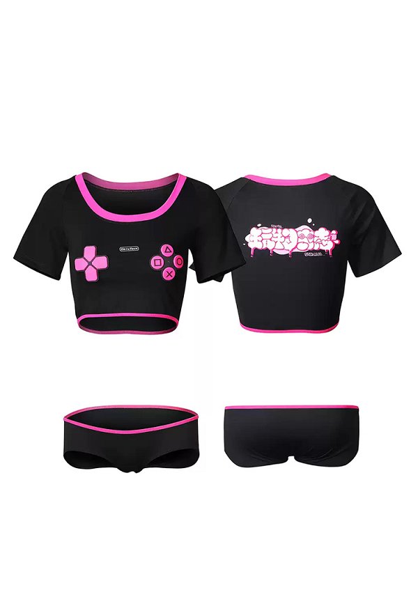 E-Girl Conjunto de Crop Baby Tee y Shorts con Estampado Gamer y Mangas para Brazos