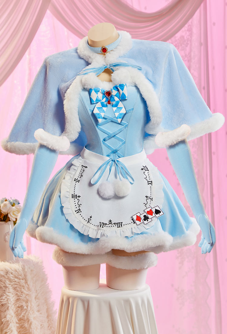 Alice in Wonderland Alice Derivative Sexy Blue Plush Winter Outfit Strapless Dress with Cape and Apron