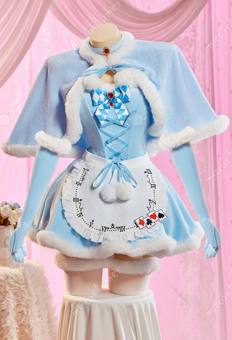 Alice in Wonderland Alice inspiriert sexy blaues Winter Plüsch Set trägerloses Kleid mit Umhang und Schürze