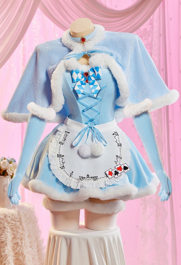 Alice in Wonderland Alice Derivative Sexy Blue Plush Winter Outfit Strapless Dress with Cape and Apron
