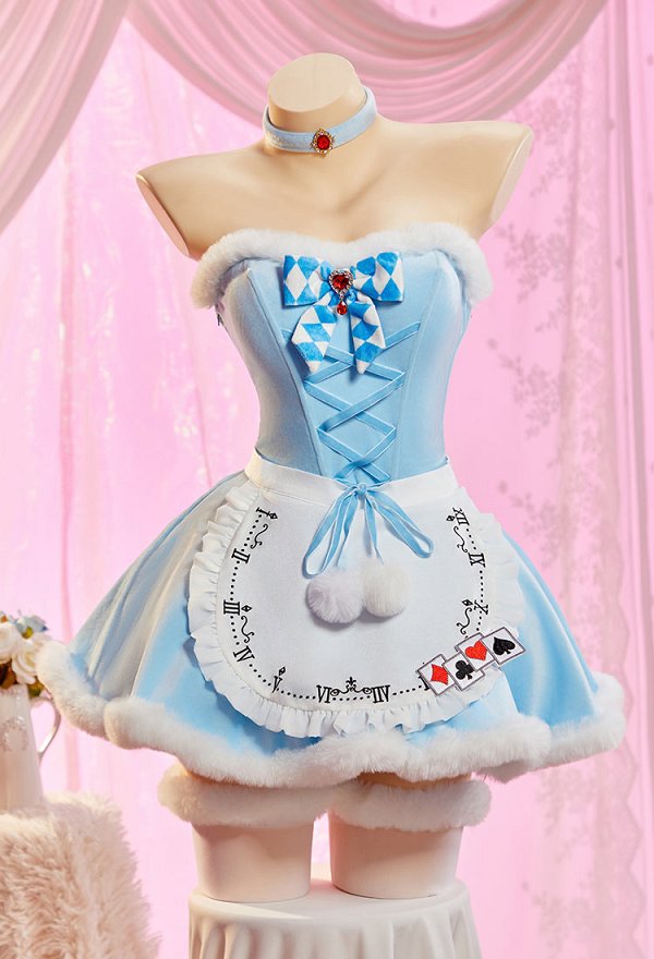 Alice in Wonderland Alice Derivative Sexy Blue Plush Winter Outfit Strapless Dress with Cape and Apron