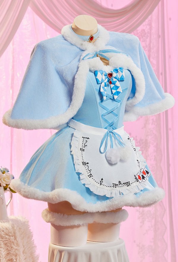 Alice in Wonderland Alice Derivative Sexy Blue Plush Winter Outfit Strapless Dress with Cape and Apron