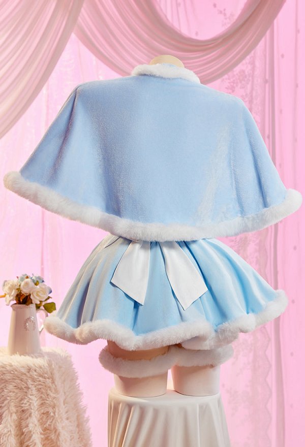 Alice in Wonderland Alice Derivative Sexy Blue Plush Winter Outfit Strapless Dress with Cape and Apron