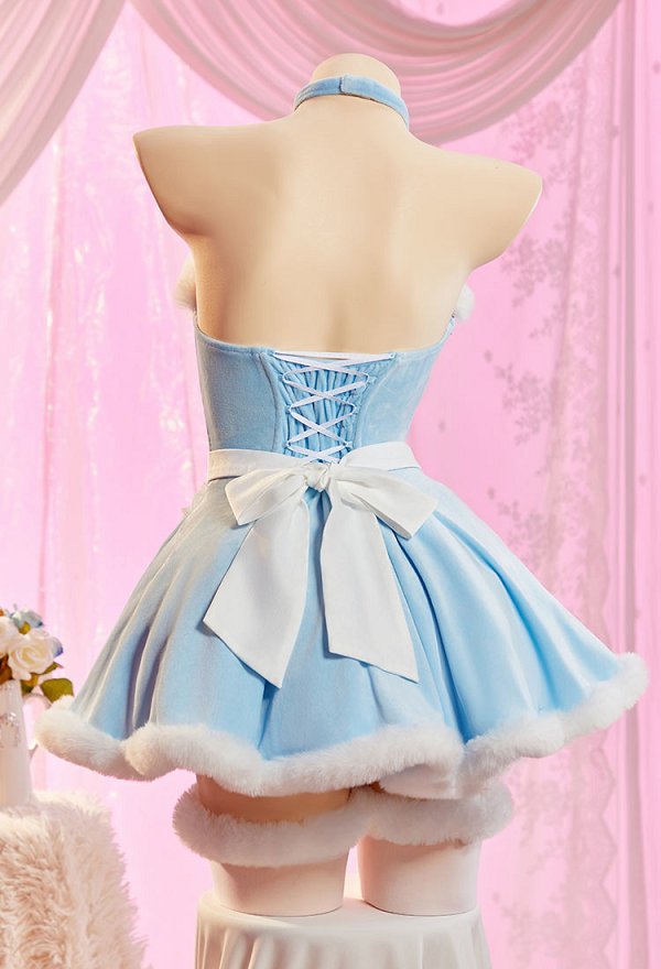 Alice in Wonderland Alice Derivative Sexy Blue Plush Winter Outfit Strapless Dress with Cape and Apron