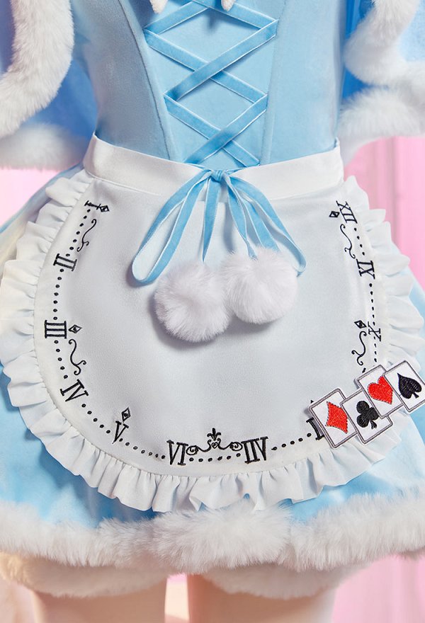 Alice in Wonderland Alice Derivative Sexy Blue Plush Winter Outfit Strapless Dress with Cape and Apron
