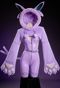 PM Derivative Sexy Cosplay Costume Tight Leather Bodysuit and Cropped Hoodie with Fluffy Paws and Tail