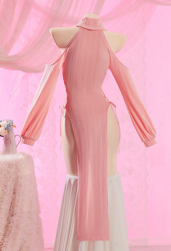 Sexy herzförmiges durchbrochenes Strick-Qipao Outfit hochgeschlitztes schnürbares Kleid