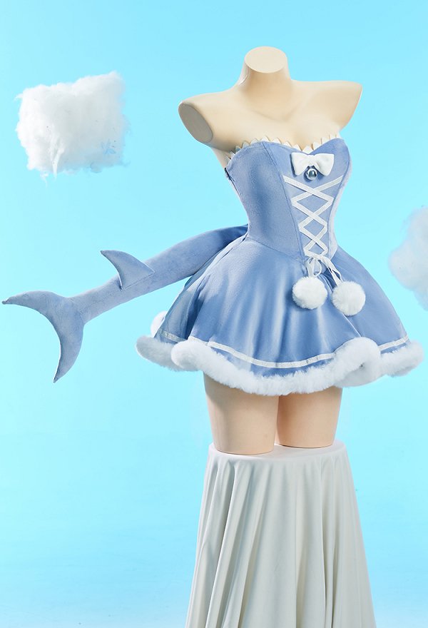 Sexy Shark-Themed Winter Christmas Plush Outfit Set Strapless Dress with Hooded Cape and Tail
