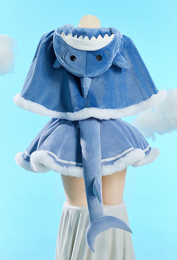 Sexy Shark-Themed Winter Christmas Plush Outfit Set Strapless Dress with Hooded Cape and Tail