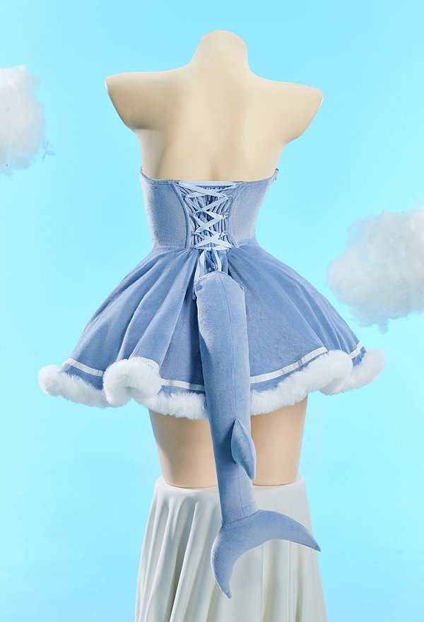 Sexy Shark-Themed Winter Christmas Plush Outfit Set Strapless Dress with Hooded Cape and Tail