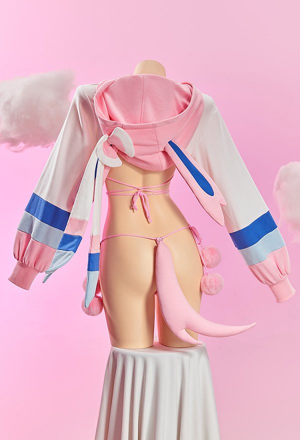 PM Derivative Sexy Cosplay Costume Lace-up Bikini Set with Cropped Hoodie and Tail