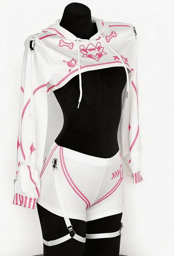 Sexy Cropped Sweatshirt and Shorts Outfit Cute Bunny Print Outfit with Sleeve Straps and Leg Rings