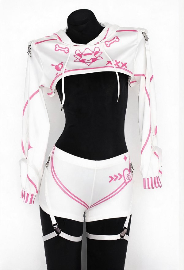 Sexy Cropped Sweatshirt and Shorts Outfit Cute Bunny Print Outfit with Sleeve Straps and Leg Rings