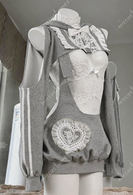 Costume de Sport Sexy Gris Lapin avec Combinaison en Dentelle et Jupe Chasuble avec Crop Top