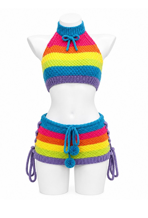 Costume en Maille Arc-en-ciel Sexy à Dos Nu avec Haut Court Dos nu à Col Licou et Micro-jupe à Lacets