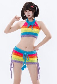 Sexy Rainbow Knit Outfit Halter Neck Backless Crop Top with Lace-up Micro Skirt