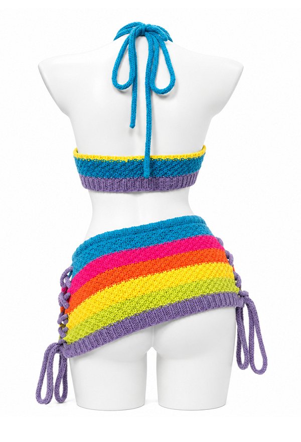 Costume en Maille Arc-en-ciel Sexy à Dos Nu avec Haut Court Dos nu à Col Licou et Micro-jupe à Lacets