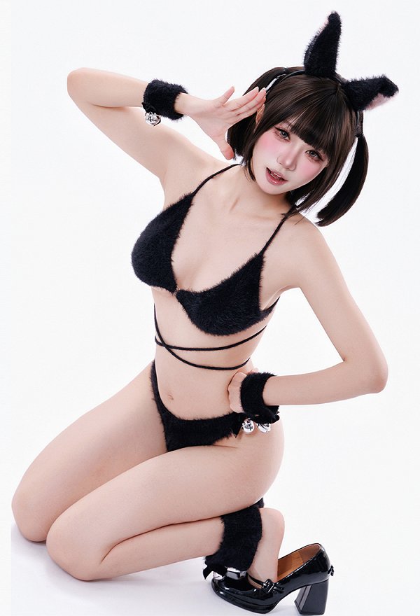 Sexy flauschiges Outfit Kawaii Schnür Bralette Höschen Katzenstil mit Katzenohren Haarreif Schwanz