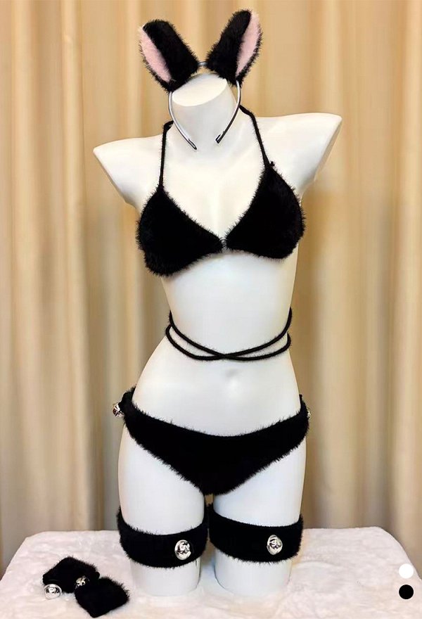 Sexy flauschiges Outfit Kawaii Schnür Bralette Höschen Katzenstil mit Katzenohren Haarreif Schwanz