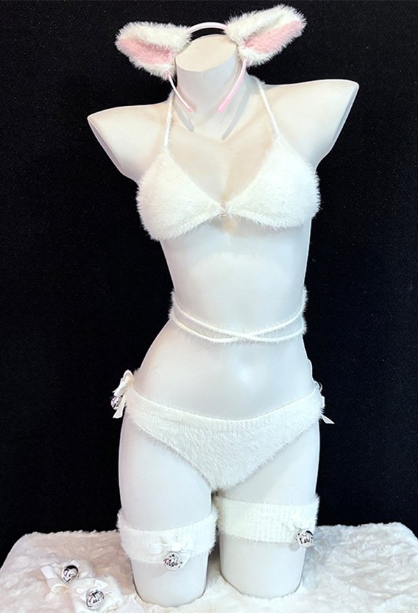 Sexy flauschiges Outfit Kawaii Schnür Bralette Höschen Katzenstil mit Katzenohren Haarreif Schwanz