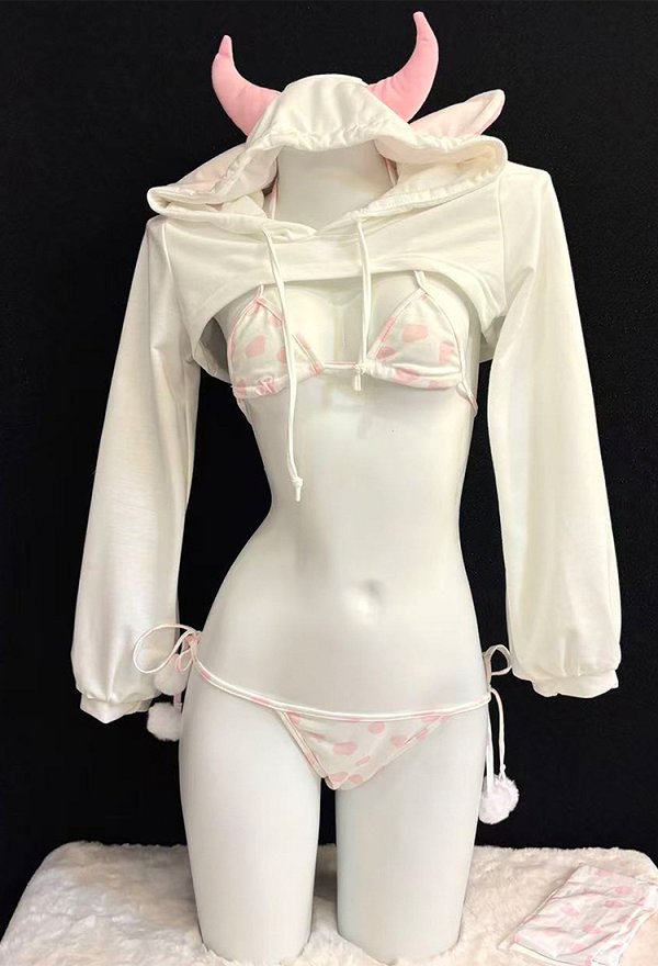 Sexy Bikini Outfit Kuhmuster BH Höschen Kapuzen Crop-Top und Strümpfen