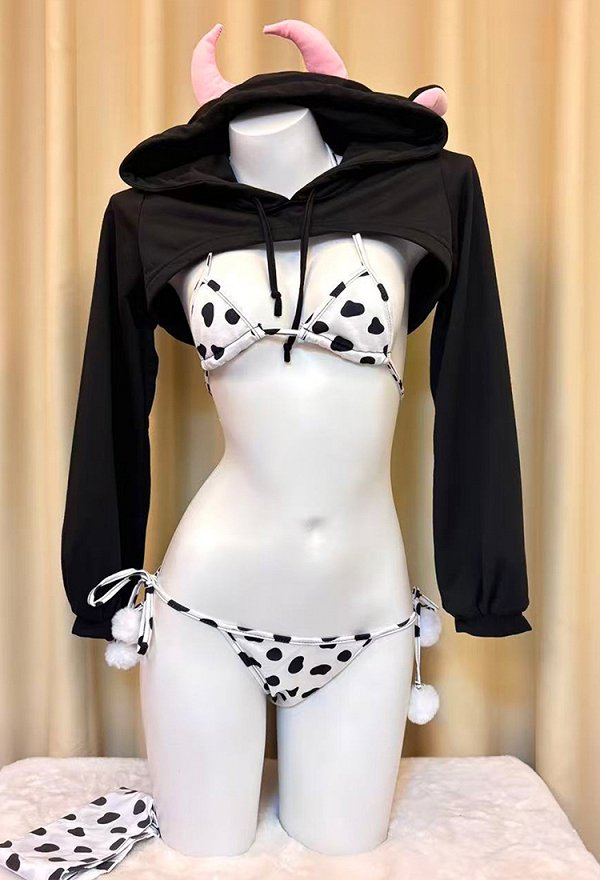 Sexy Bikini Outfit Kuhmuster BH Höschen Kapuzen Crop-Top und Strümpfen