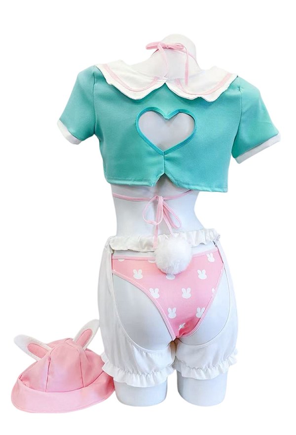 Conjunto de Conejita Dulce y Sexy con Top de Bikini con Estampado de Conejito y Shorts con Recortes